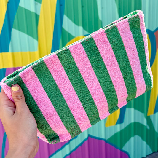 Striped Terry Cloth Cosmetic Bag - Pink & Green