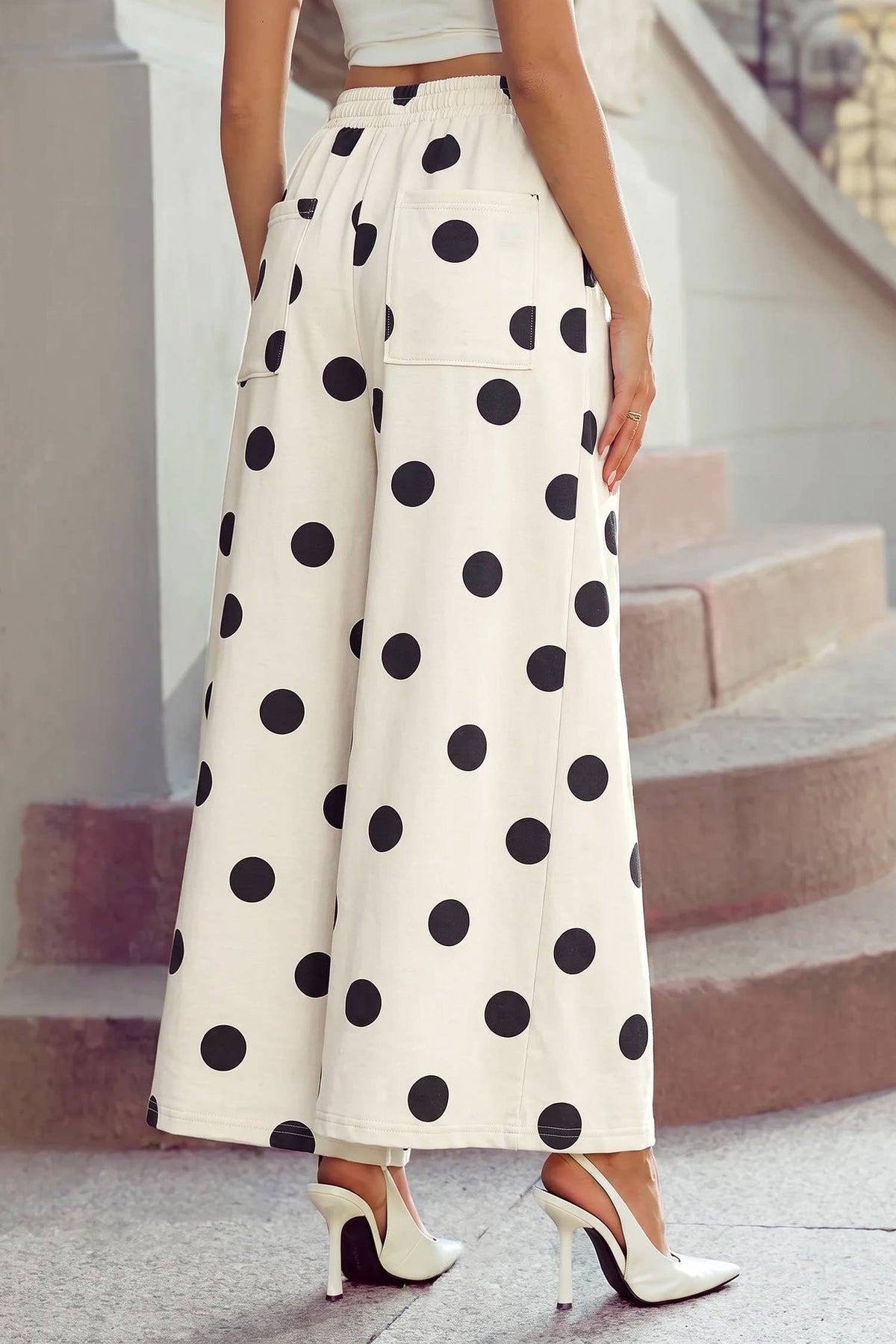 High Waist Wide Leg Polka Dot Pocket Pants S-4X: Black / S