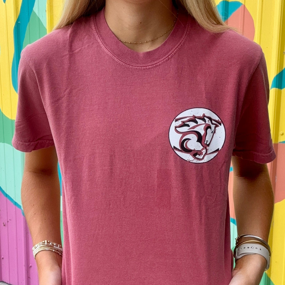 Distressed Red Cross Mustangs Comfort Colors Tee (Youth & Adult)