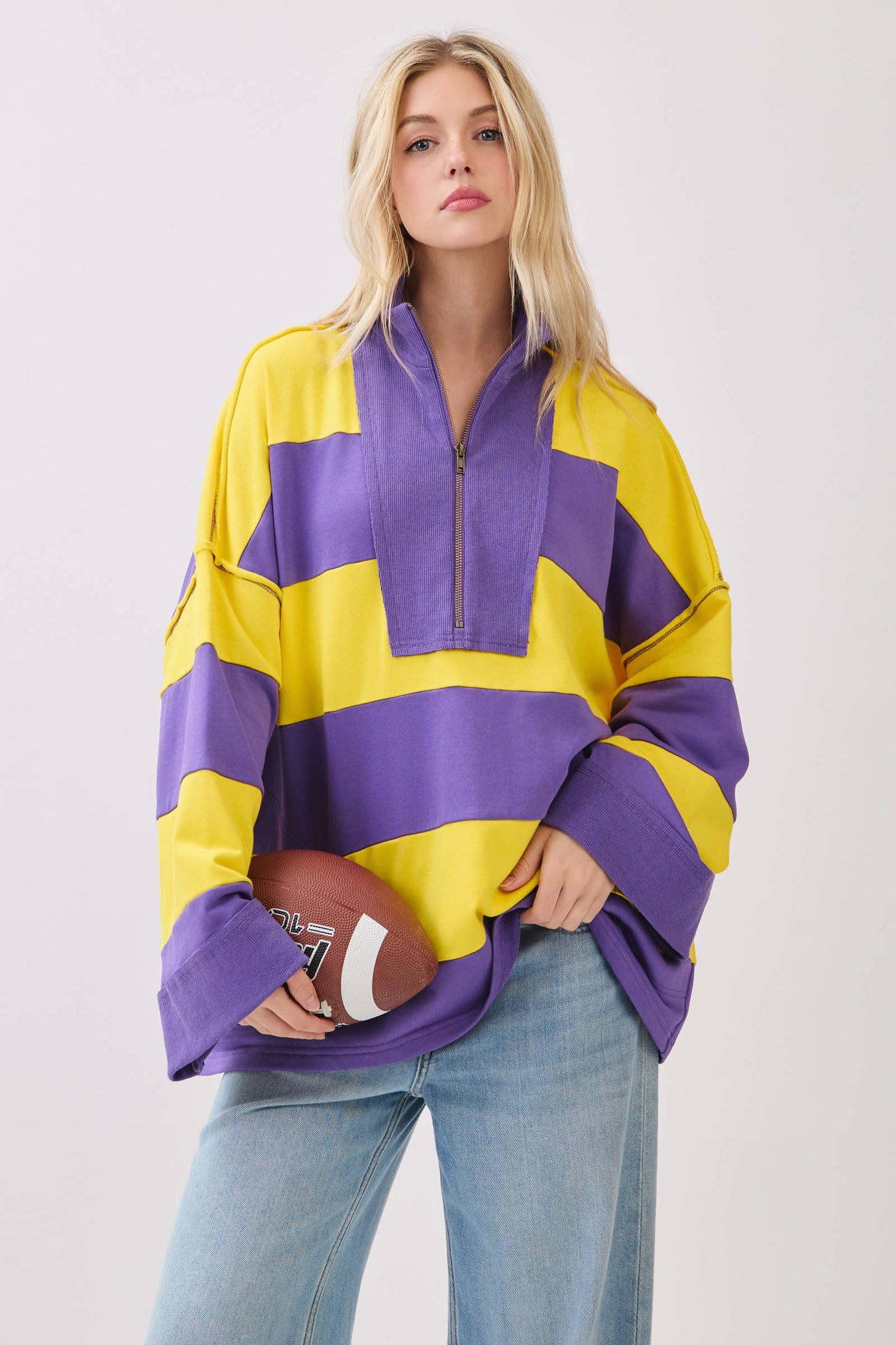 Varsity Stripe Zip Pullover: BURGUNDY/WHITE / S