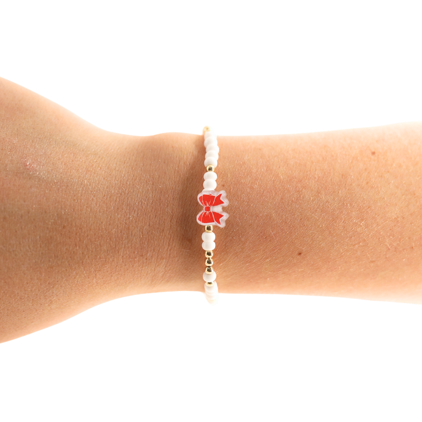 Red and White Bow Bracelet: Standard 6.75 inch / Sprinkle