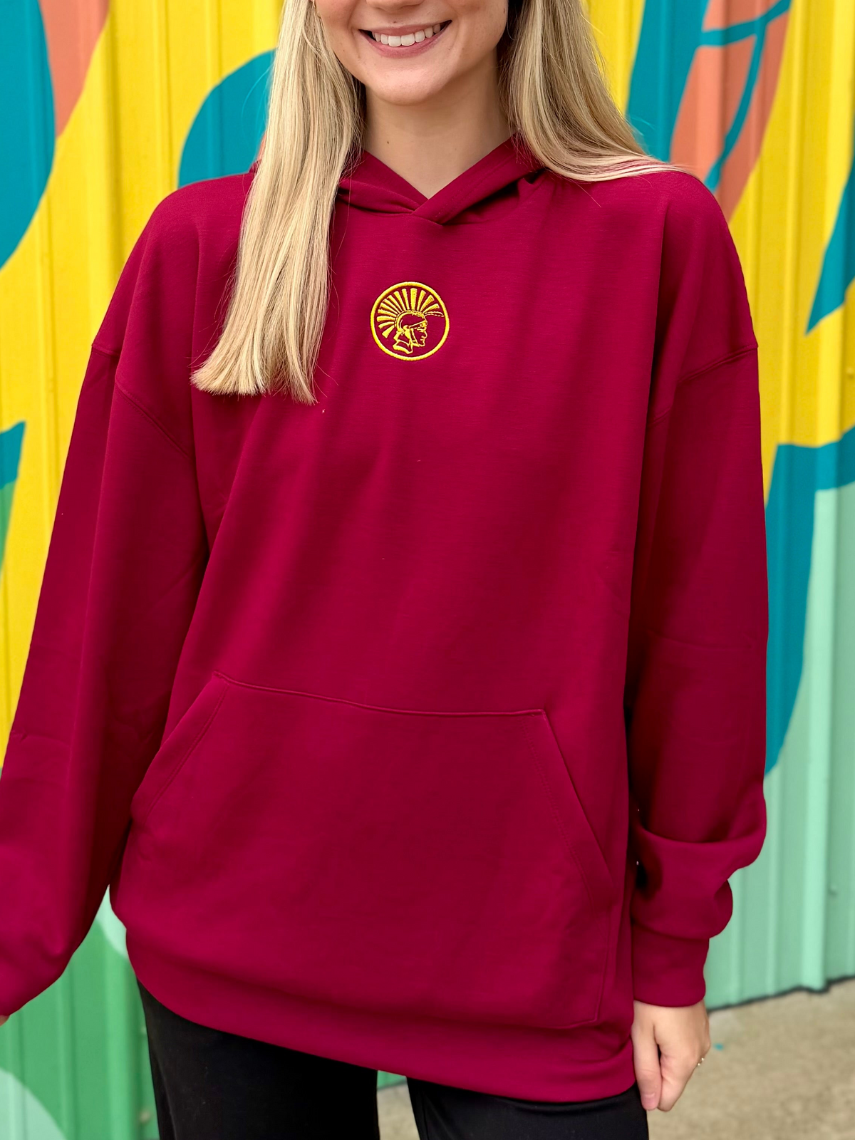 Trojan Mascot Embroidered Scuba Sweatshirt Hoodie - Burgundy