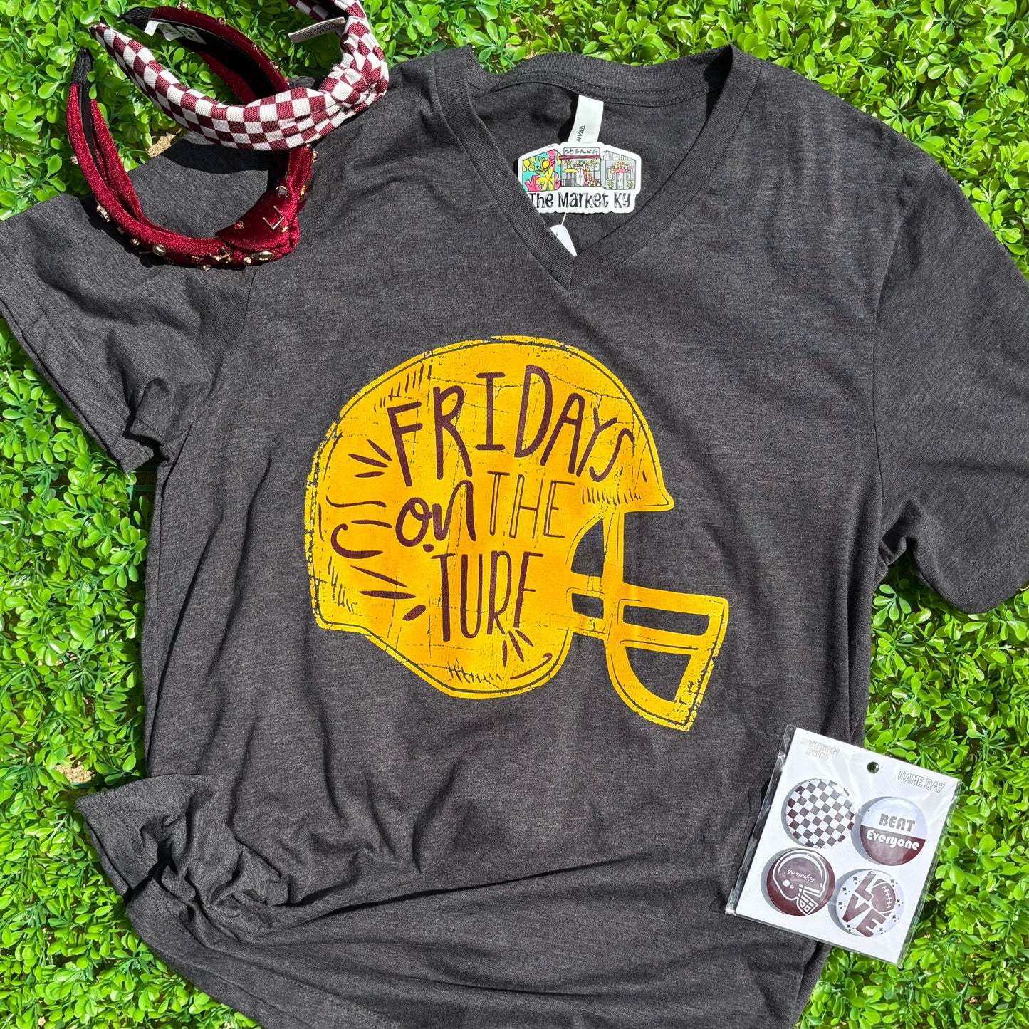 Fridays On The Turf V-neck Tee- Burgundy & Gold