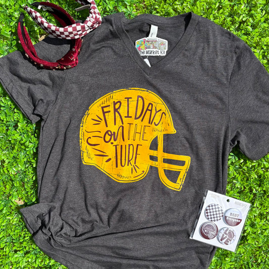Fridays On The Turf V-neck Tee- Burgundy & Gold