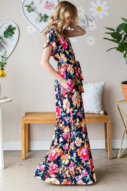 FLORAL MAXI WRAP DRESS/ NAVY MULTI