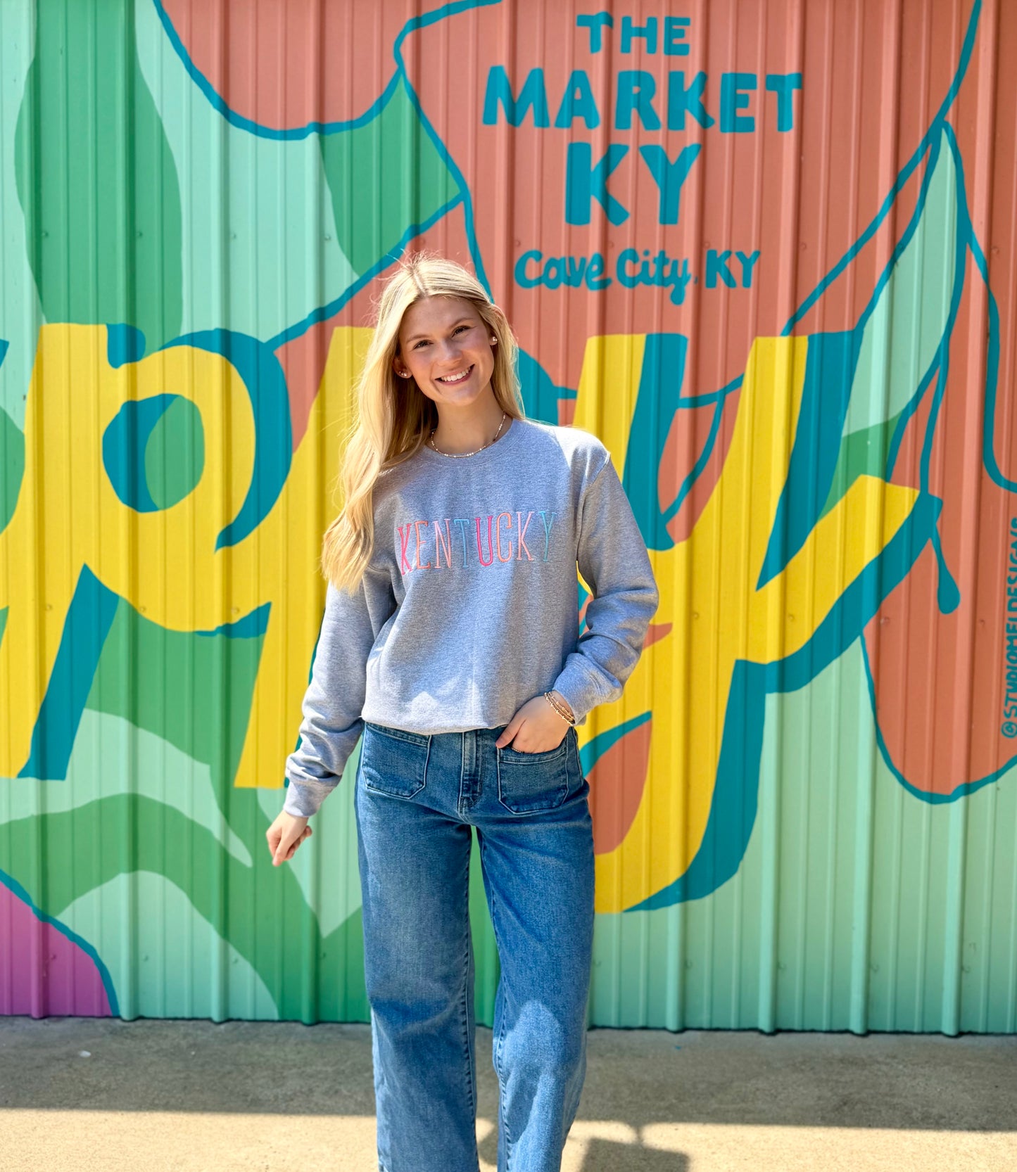 Kentucky Embroidered Sweatshirt- Ash Grey & Pastel Lettering
