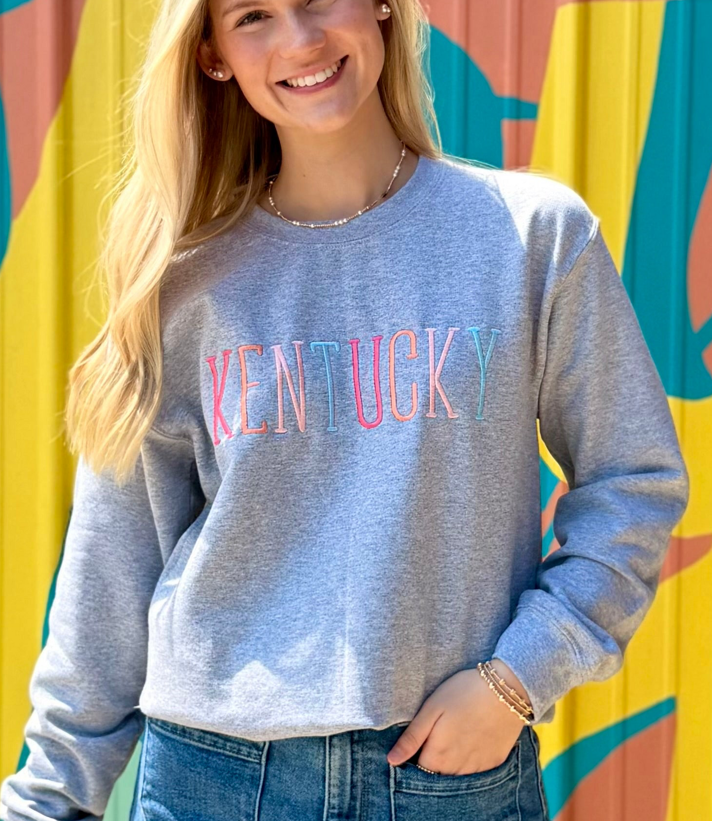 Kentucky Embroidered Sweatshirt- Ash Grey & Pastel Lettering