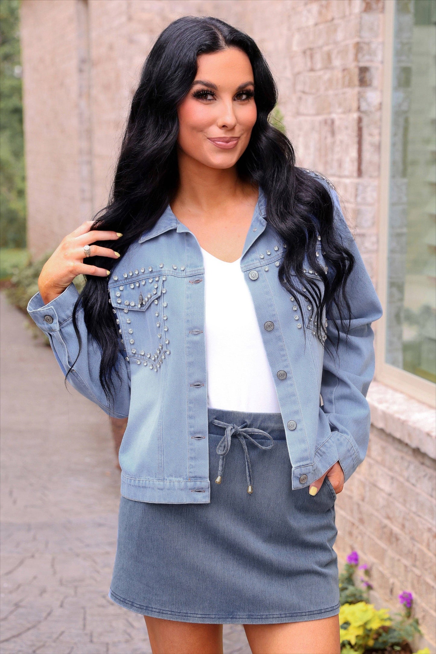Stella Rhinestone Denim Jacket: Light Denim