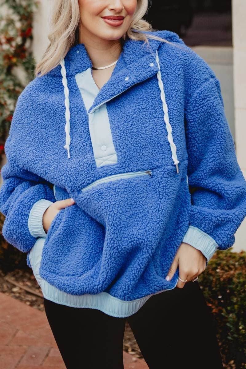Blue Two-Toned Sherpa Fleece Pullover: Blue