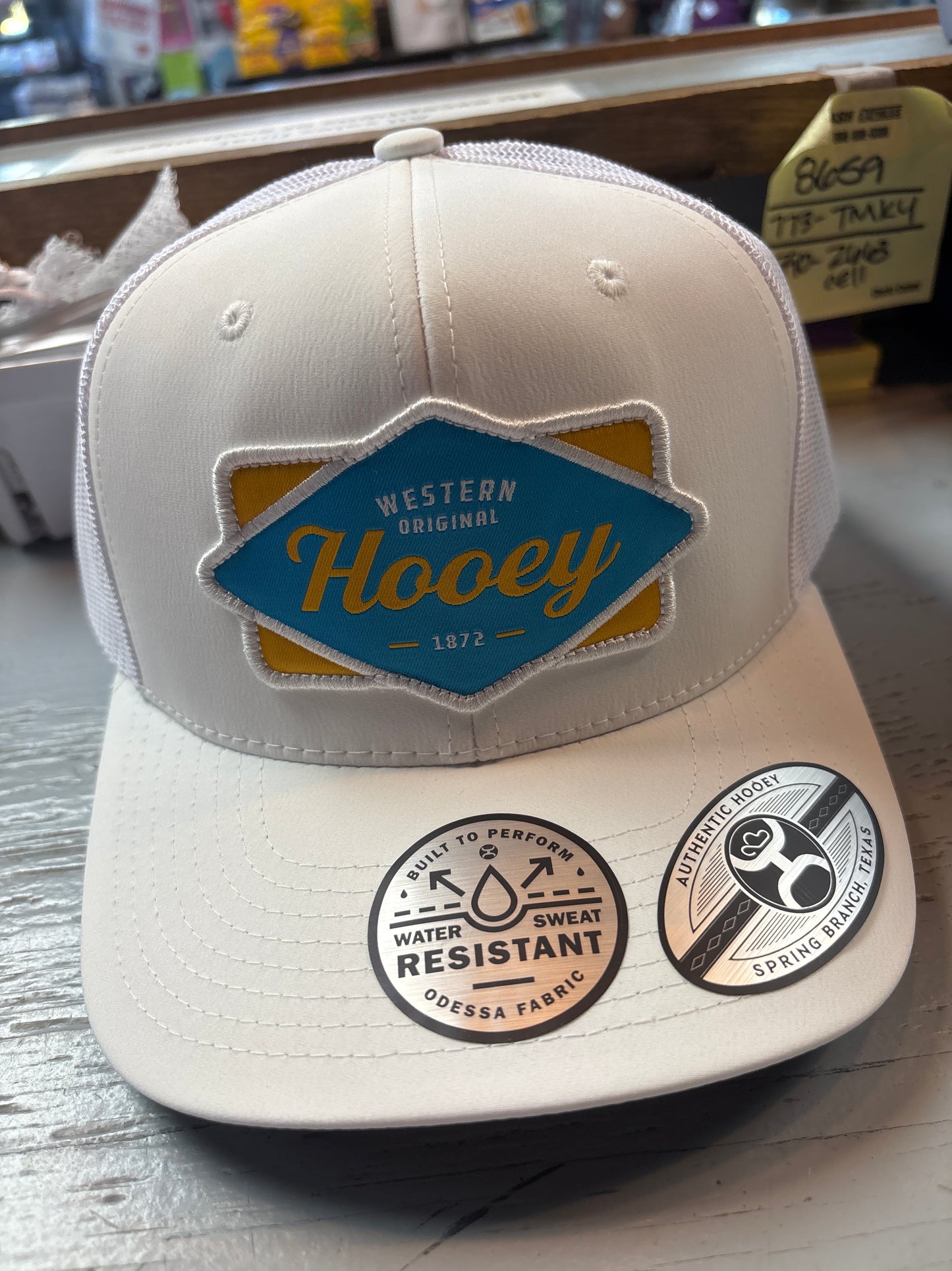 Hooey Diamond White Trucker Hat- Blue/Mustard Patch