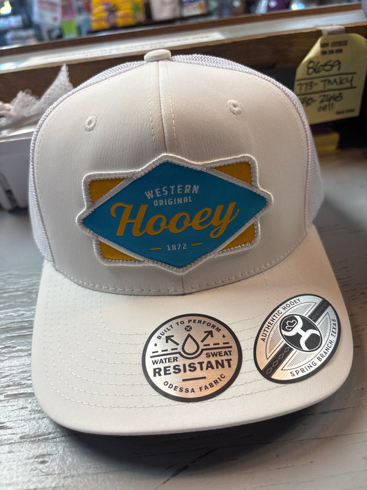 Hooey Diamond White Trucker Hat- Blue/Mustard Patch