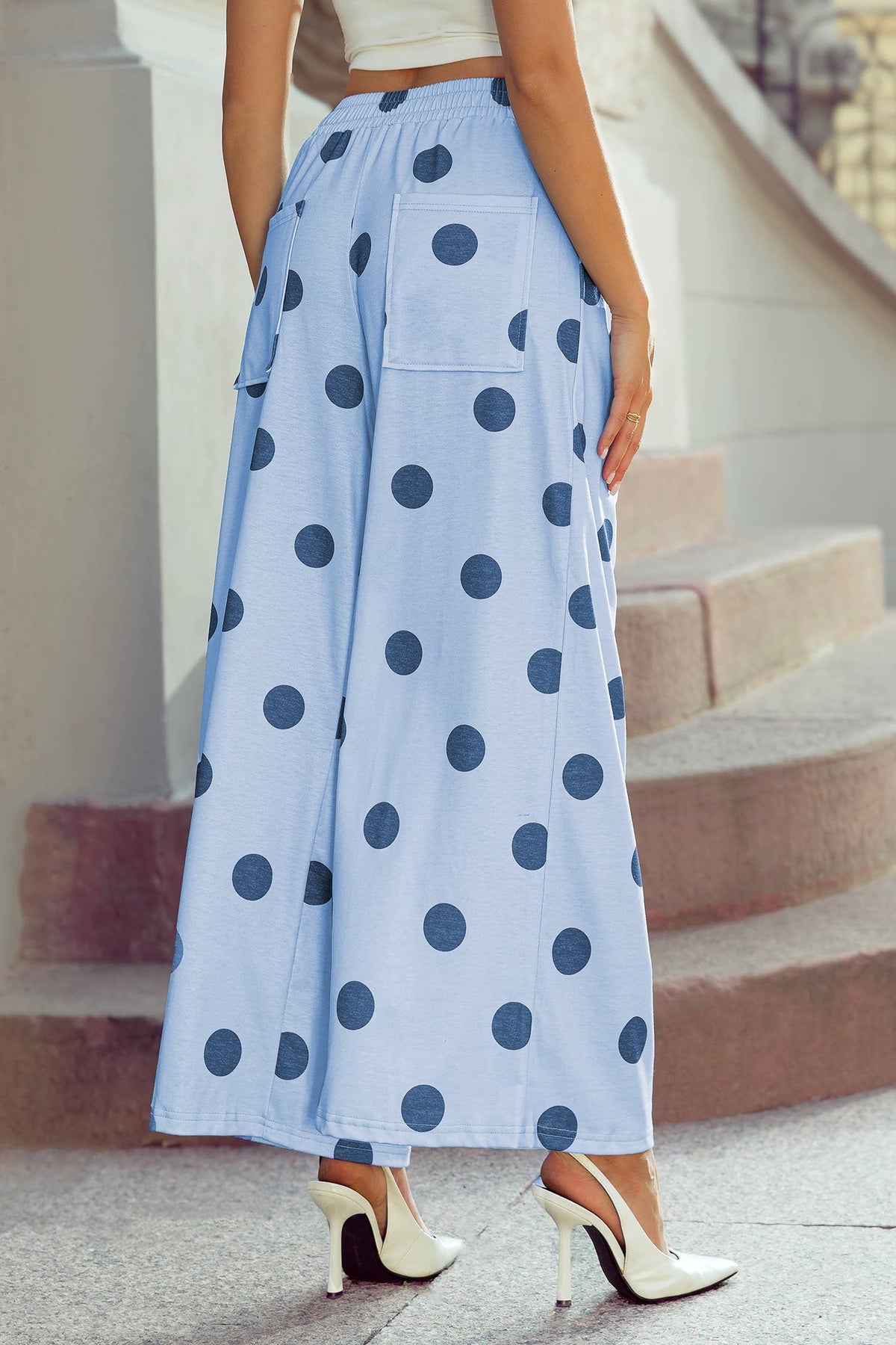 High Waist Wide Leg Polka Dot Pocket Pants S-4X: Black / S
