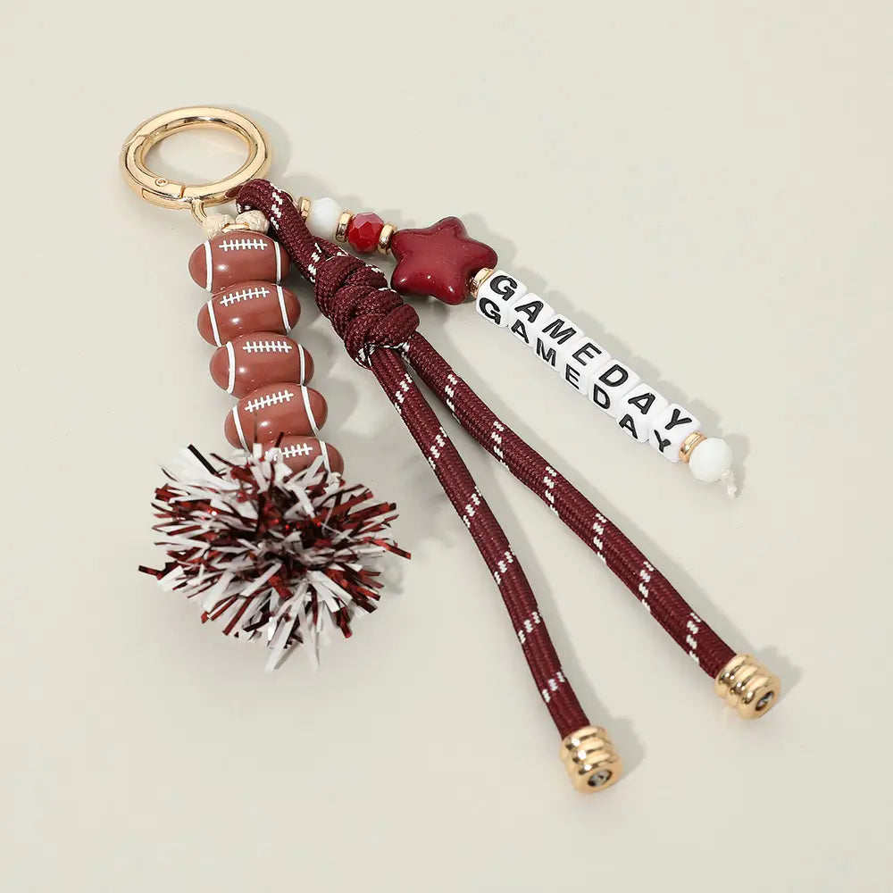 Gameday Star Football Tinsel Tassel Keychain/Bag Charm - Burgundy/White