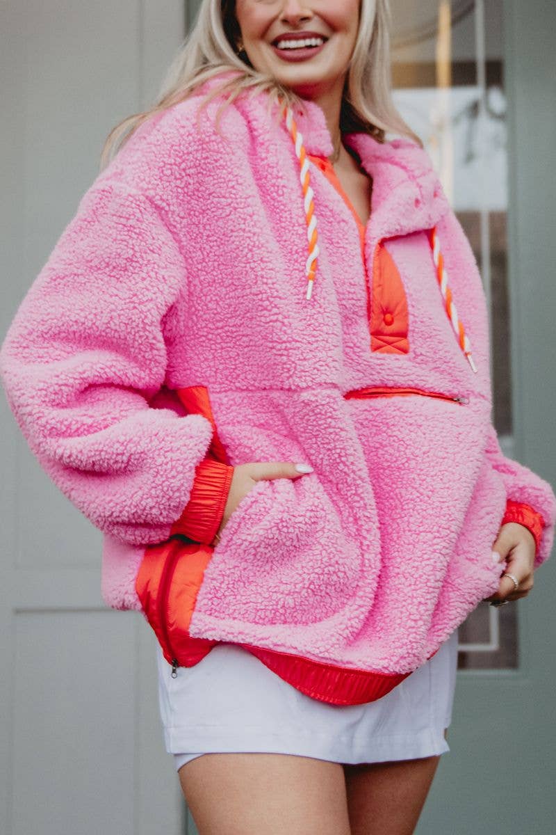 Pink Two-Toned Sherpa Fleece Pullover: Pink