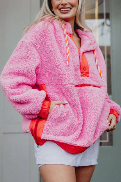 Pink Two-Toned Sherpa Fleece Pullover: Pink