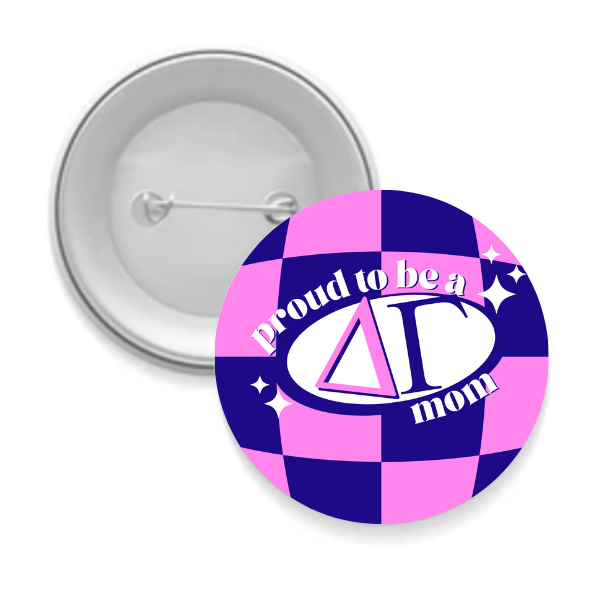 Sorority Mom Button - Proud to Be Checkered: 3" Round / Alpha Omicron Pi