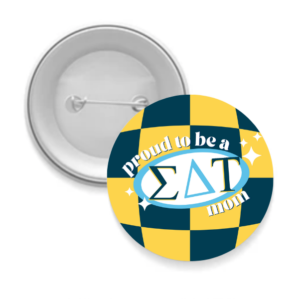Sorority Mom Button - Proud to Be Checkered: 3" Round / Alpha Omicron Pi