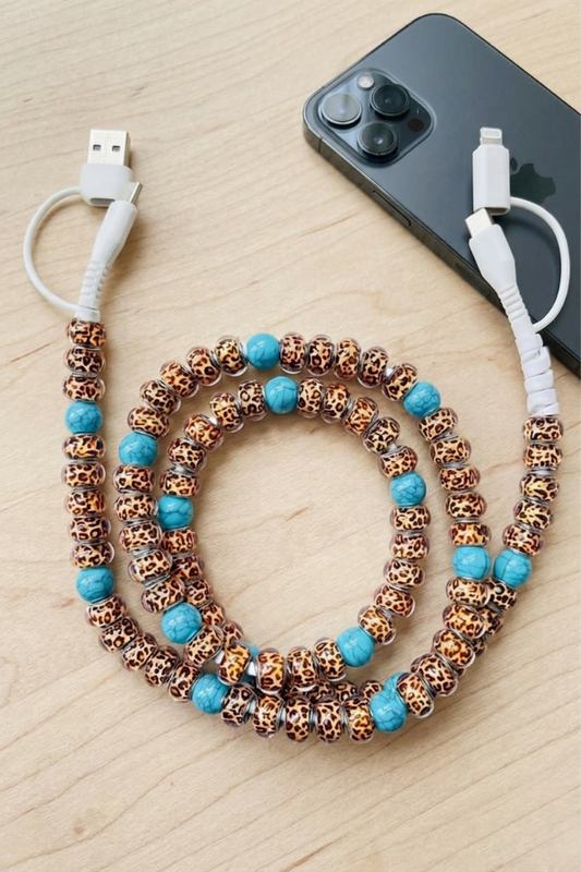 Turquoise and Leopard Beaded Cord Charger