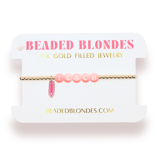 Pink Teach Pencil Charm Bracelet: Standard 6.75 inch / White Sprinkle