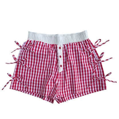 LuluMac Button Bow Gingham Boxer Short: Red & White