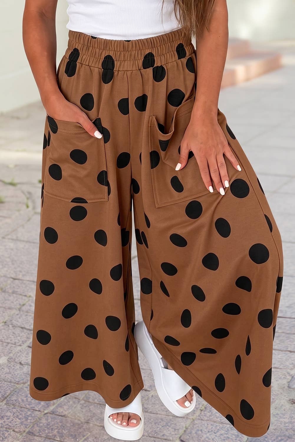 High Waist Wide Leg Polka Dot Pocket Pants S-4X: Black / S