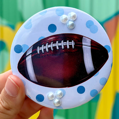 Polka Dots & Pearls Football Button - Blue & White