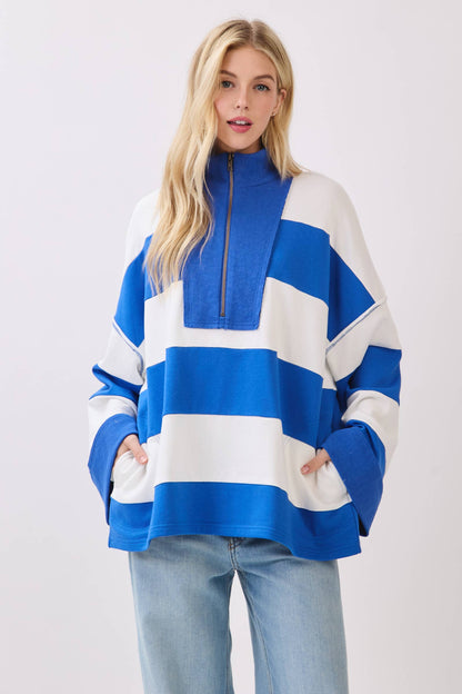Varsity Stripe Zip Pullover: ROYAL/WHITE / S