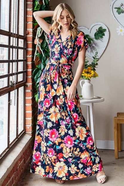 FLORAL MAXI WRAP DRESS/ NAVY MULTI