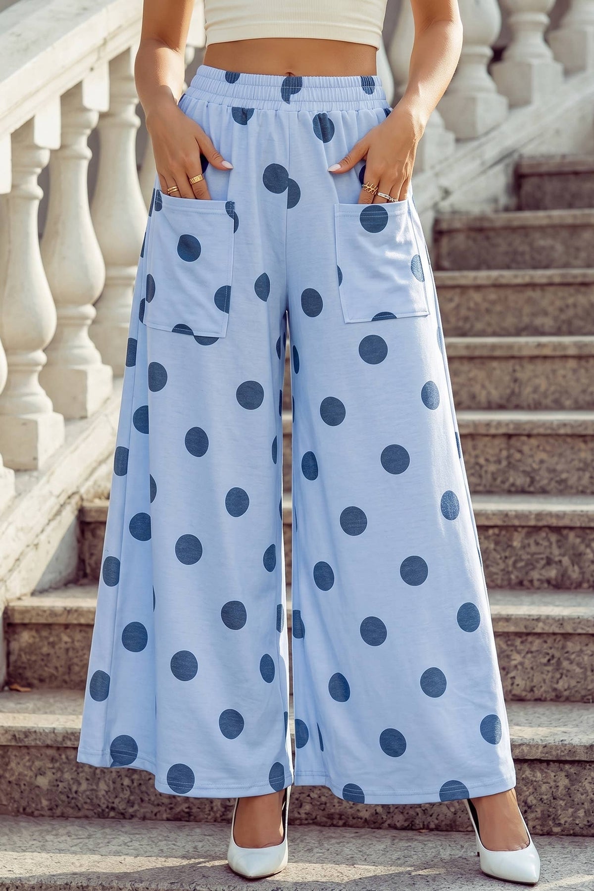 High Waist Wide Leg Polka Dot Pocket Pants S-4X: Black / S