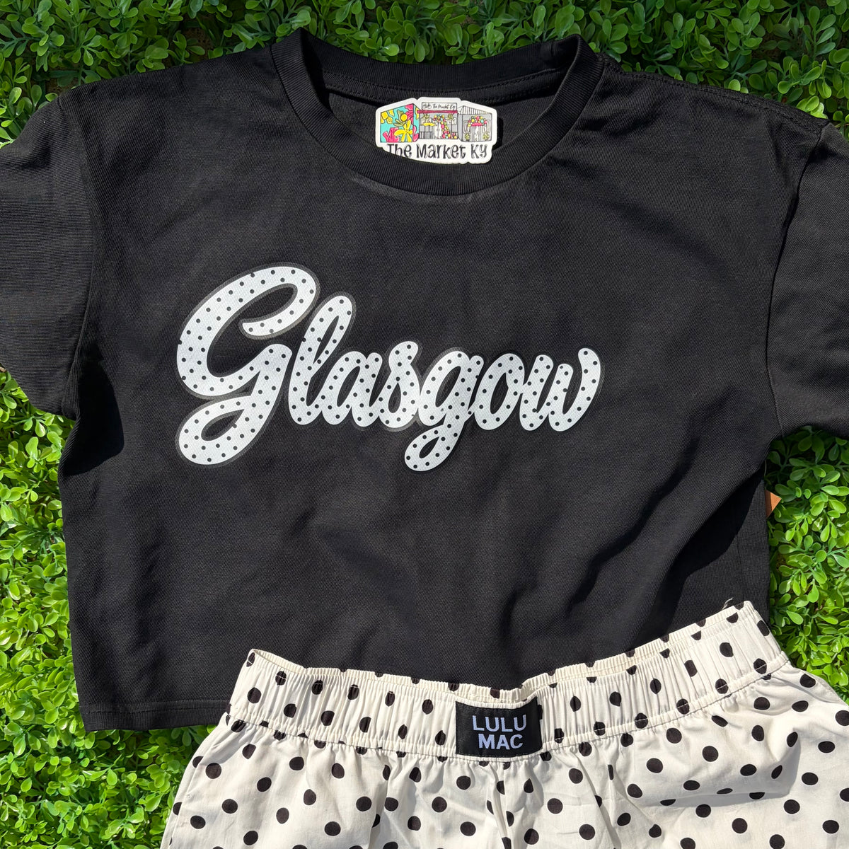 Glasgow Polka Dot Script Crop Tee - Black