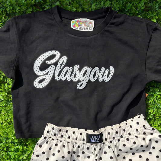 Glasgow Polka Dot Script Crop Tee - Black