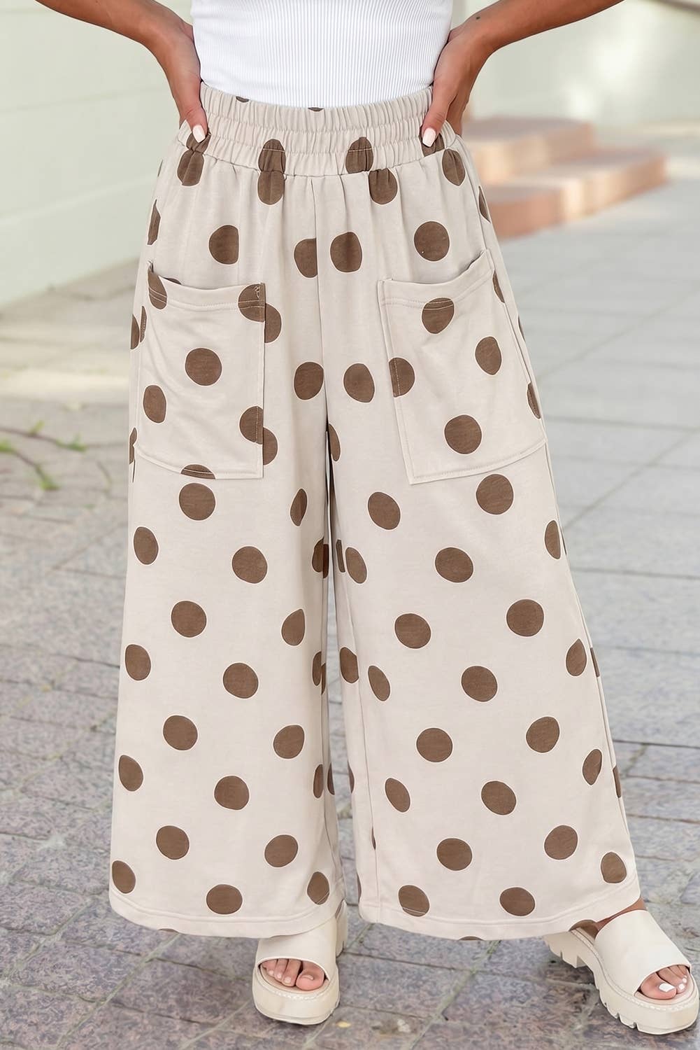 High Waist Wide Leg Polka Dot Pocket Pants S-4X: Black / S