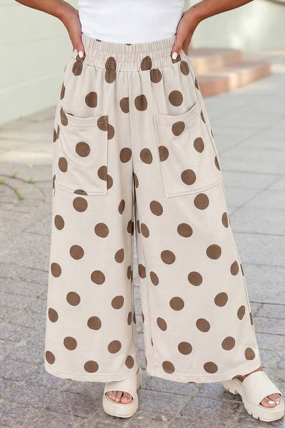 High Waist Wide Leg Polka Dot Pocket Pants S-4X: Black / S