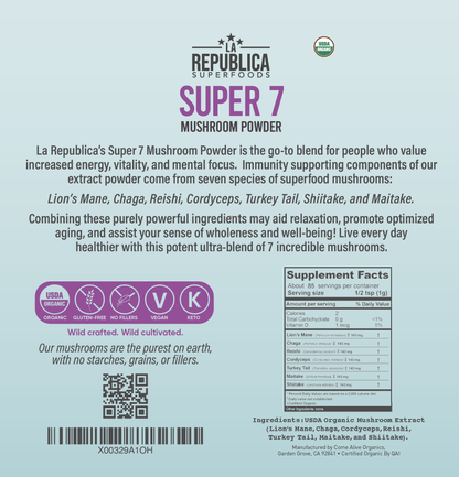 La Republica Organic SUPER 7 Fruiting Mushroom Powder: 3oz Bag