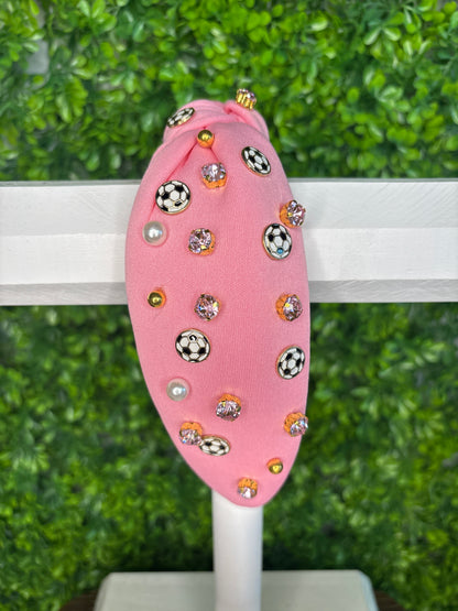 Pink Soccer Rhinestone & Pearls Headband