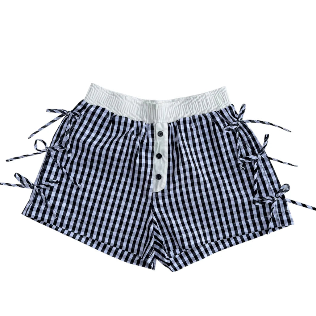 Lulu Mac Button Down Bow Gingham Short- Black