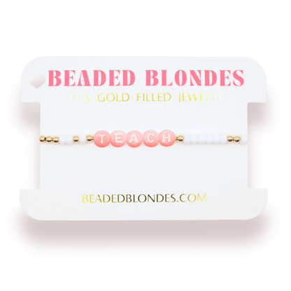 Teach Pastel Pink Letter Bracelet: Standard 6.75 inch / White Sprinkle