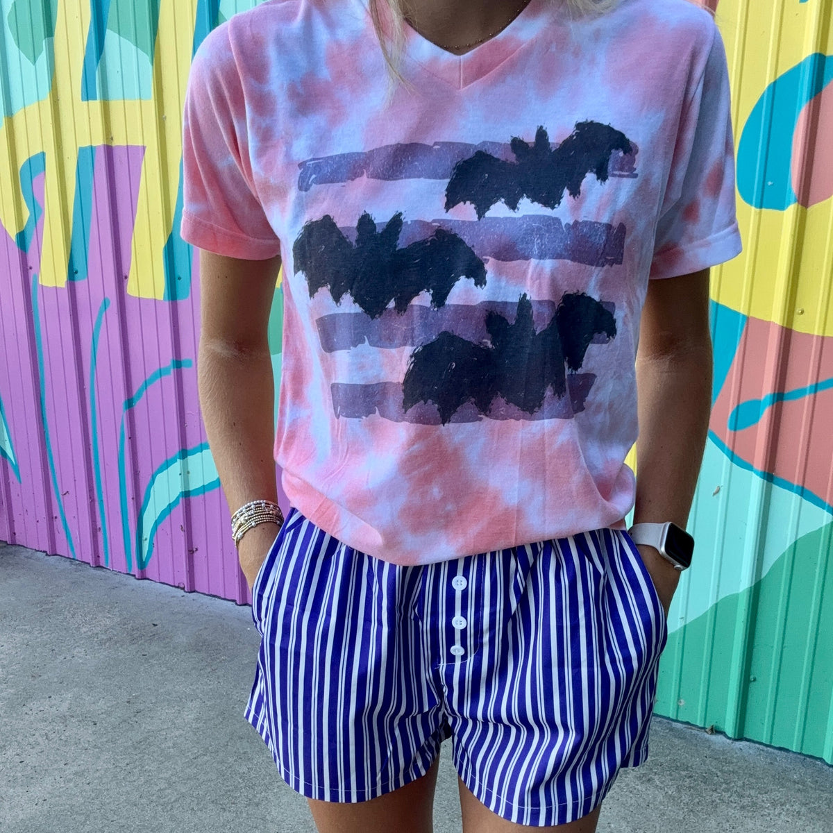 Preppy Bats V-Neck Tie-Dye Tee