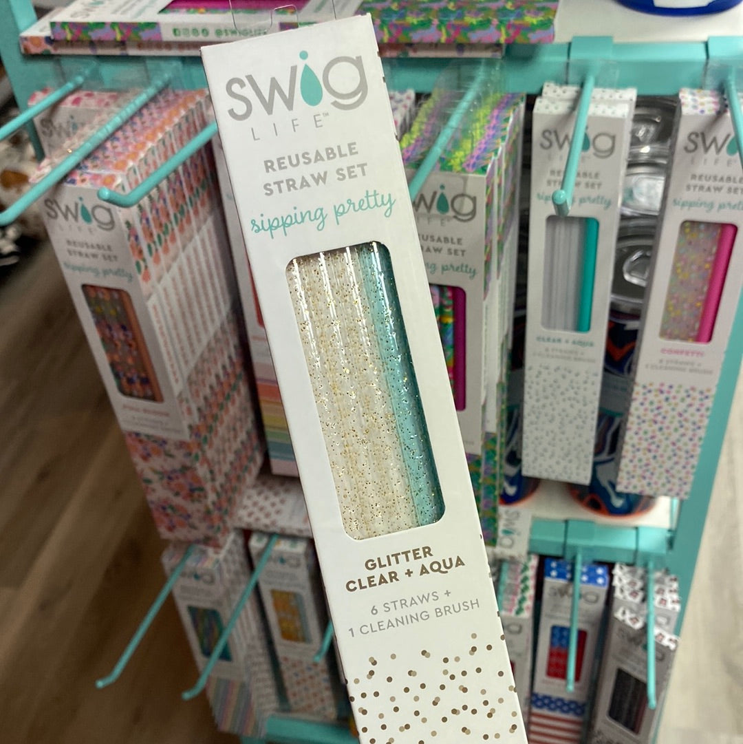 Swig Reusable Straw Set Glitter Clear + Aqua