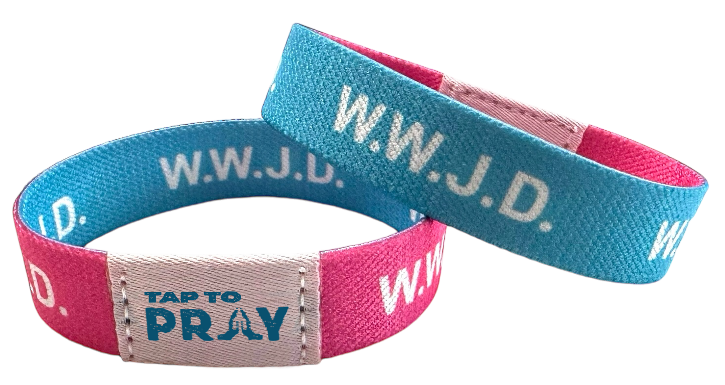 Tap To Pray Wristbands Small - WWJD Pink / Blue