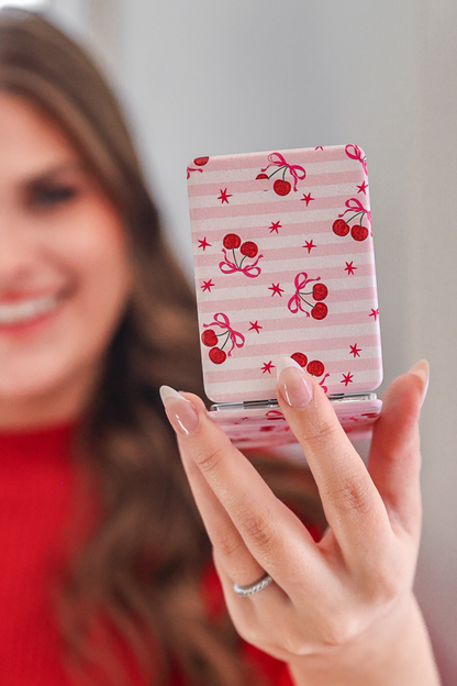 Cherry and Stripes Compact Mirror: Pink/Red
