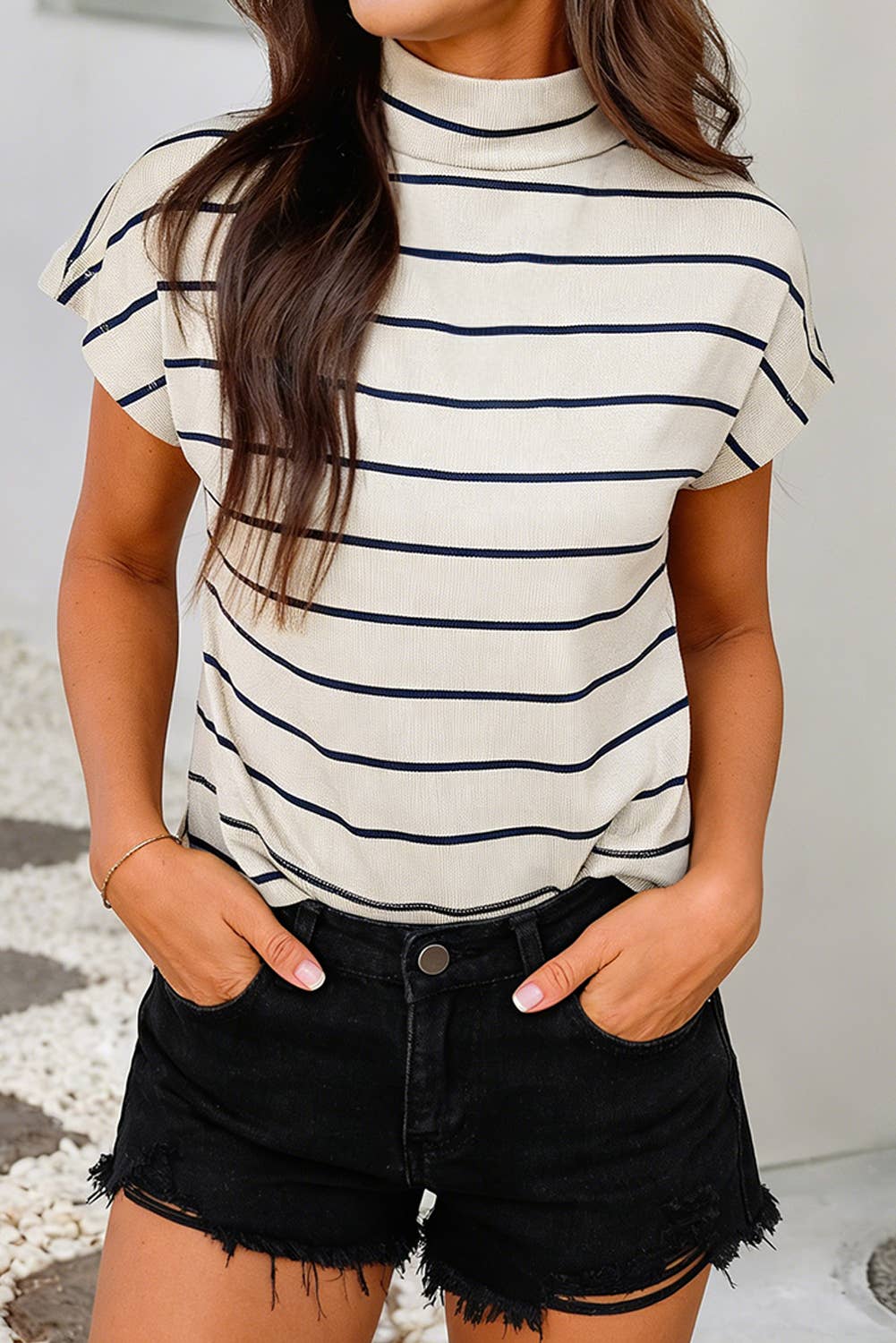Striped Mock Neck Short-Sleeve Top : Khaki Stripe