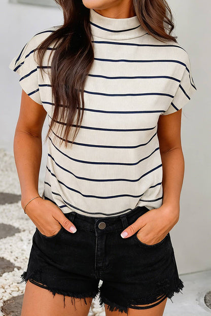 Striped Mock Neck Short-Sleeve Top : Khaki Stripe
