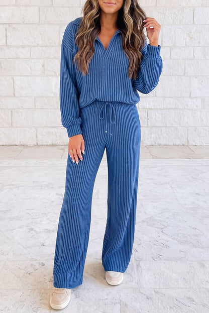 Knit Collar V Neck Pullover & Drawstring Waist Pants 2pcs Set - Sky Blue