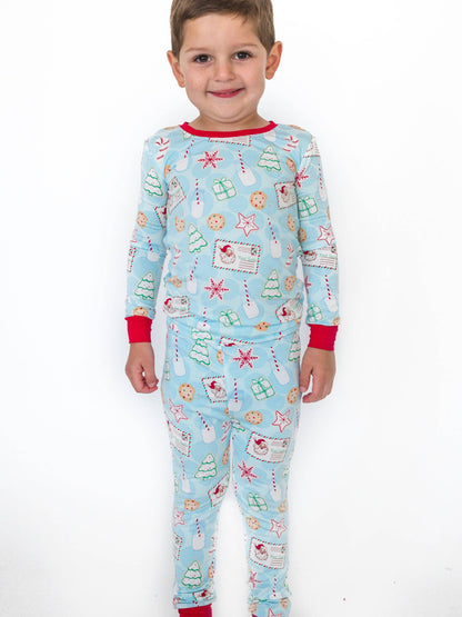 SoftSnooze™ Kids Bamboo Viscose Santa Sweets Long Sleeve Pajama Set: Blue / 9/10