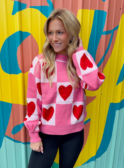 Love Heart Block Mock Neck Valentine Sweater