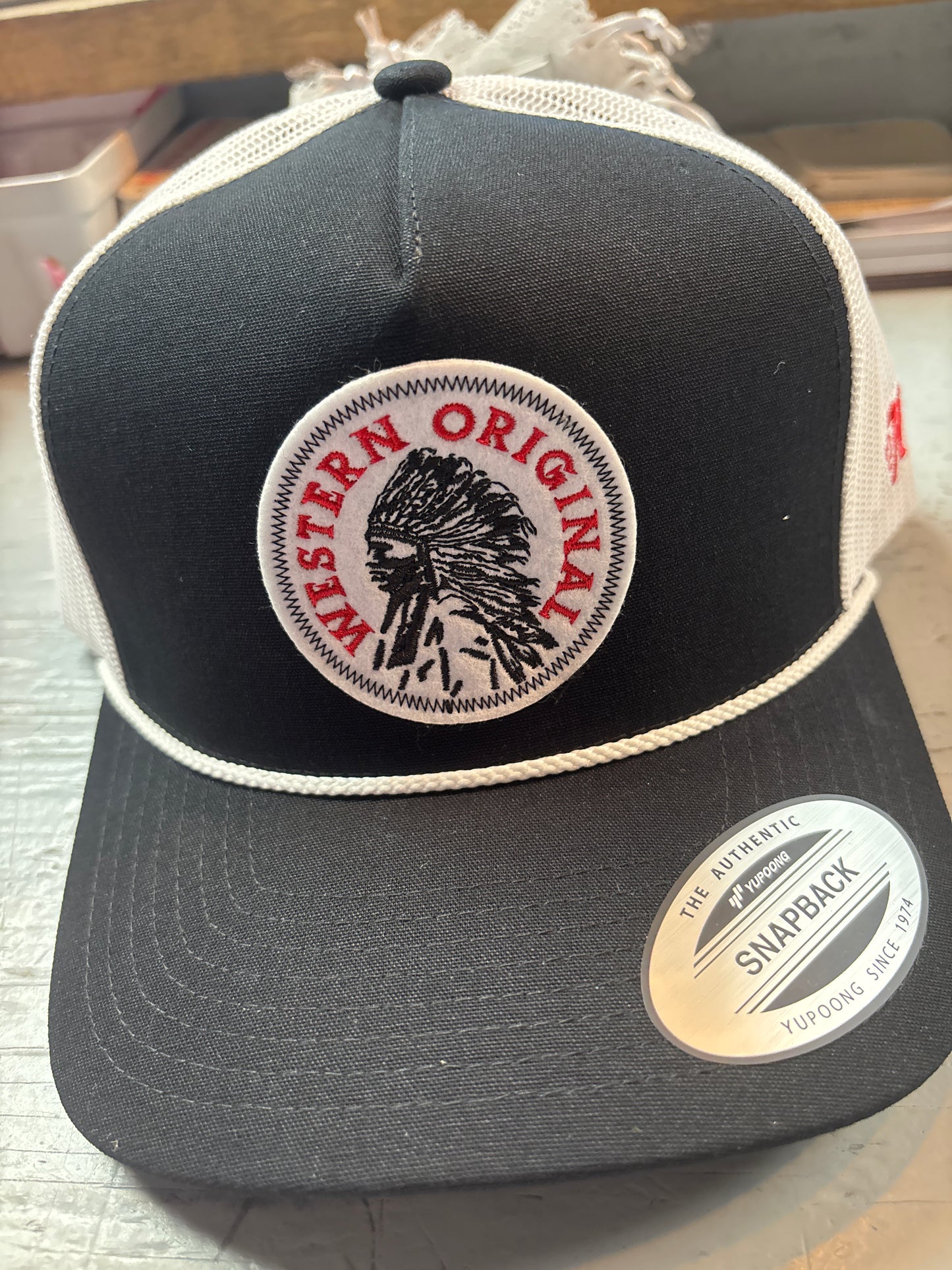 Quanah Black Trucker Hat- Red/White Patch