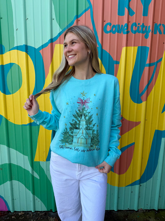 Oh Come Let Us Adore Him on Teal Crewneck