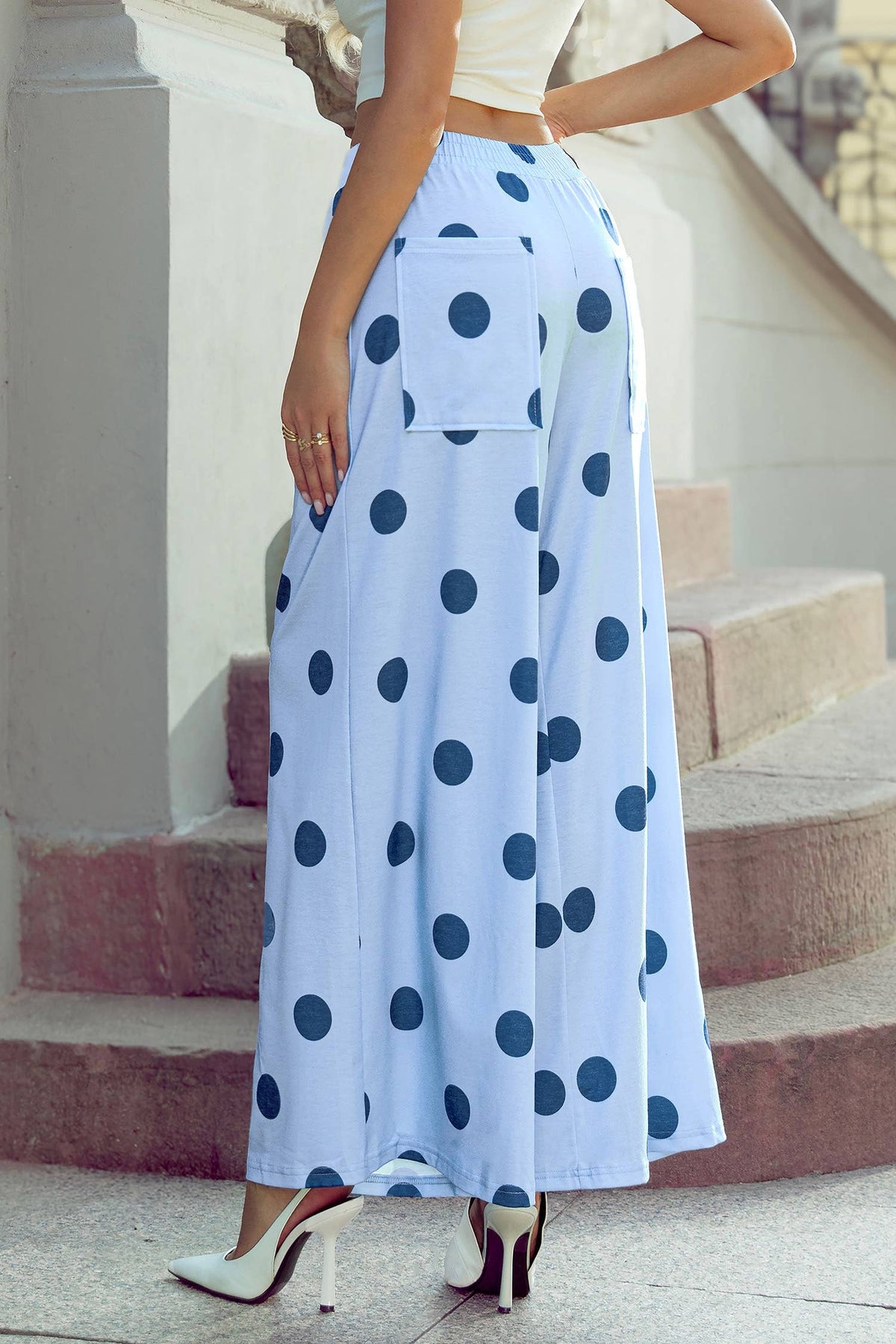 High Waist Wide Leg Polka Dot Pocket Pants S-4X: Black / S