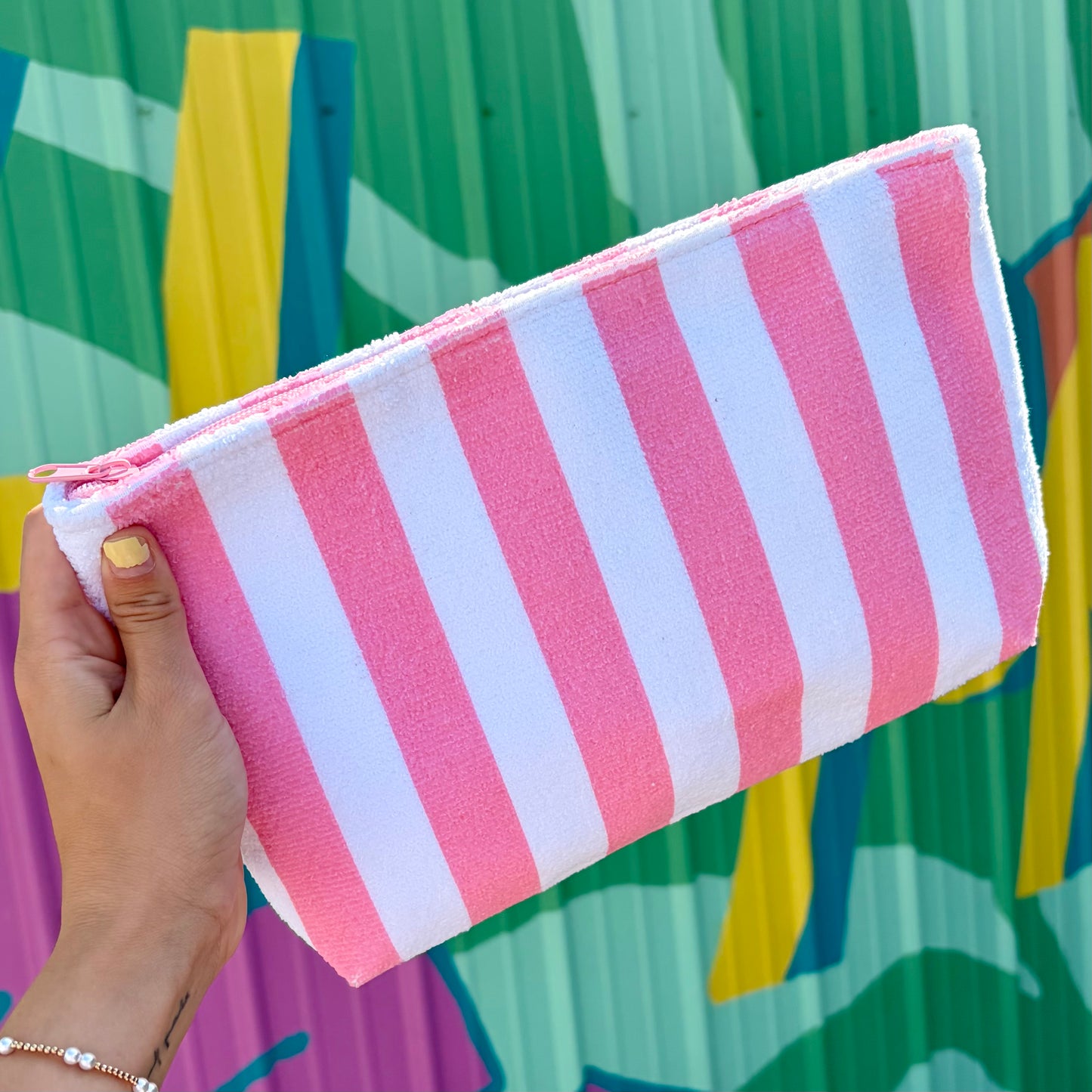 Striped Terry Cloth Cosmetic Bag - Pink